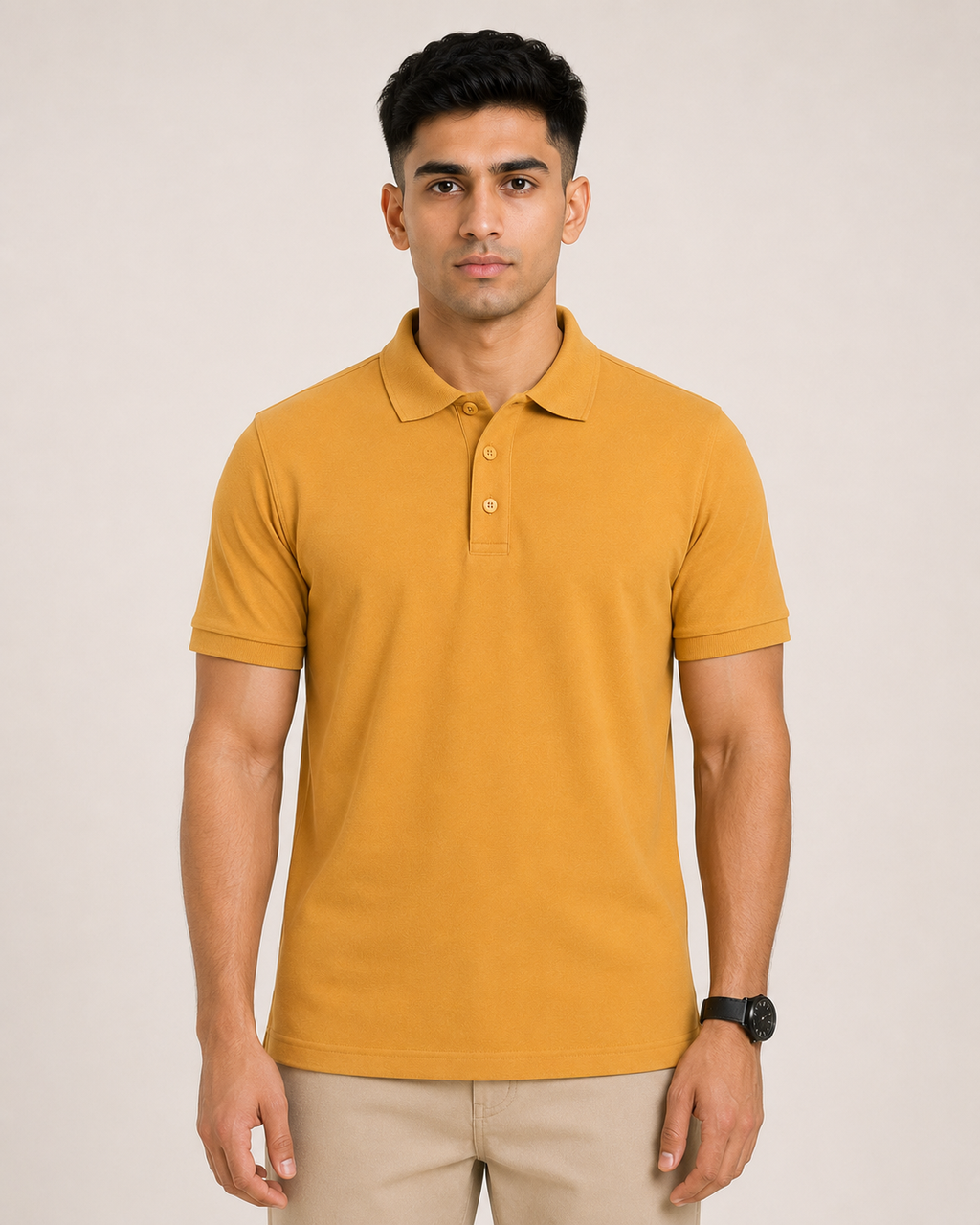 Mustard-Yellow Drip Earth premium cotton polo - front model studio view with premium fit