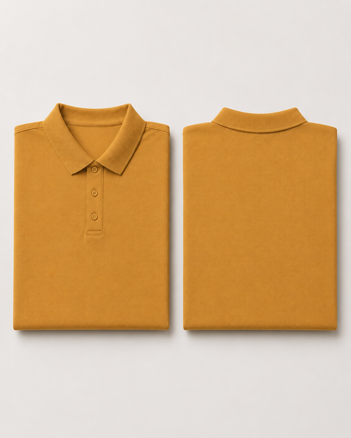 Mustard-Yellow Drip Earth premium cotton polo with BARE silhouette - folded front and back view