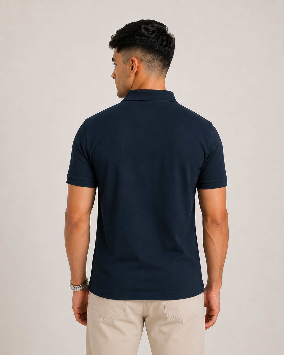 Navy-Blue Drip Earth premium cotton polo - rear model studio view with clean silhouette