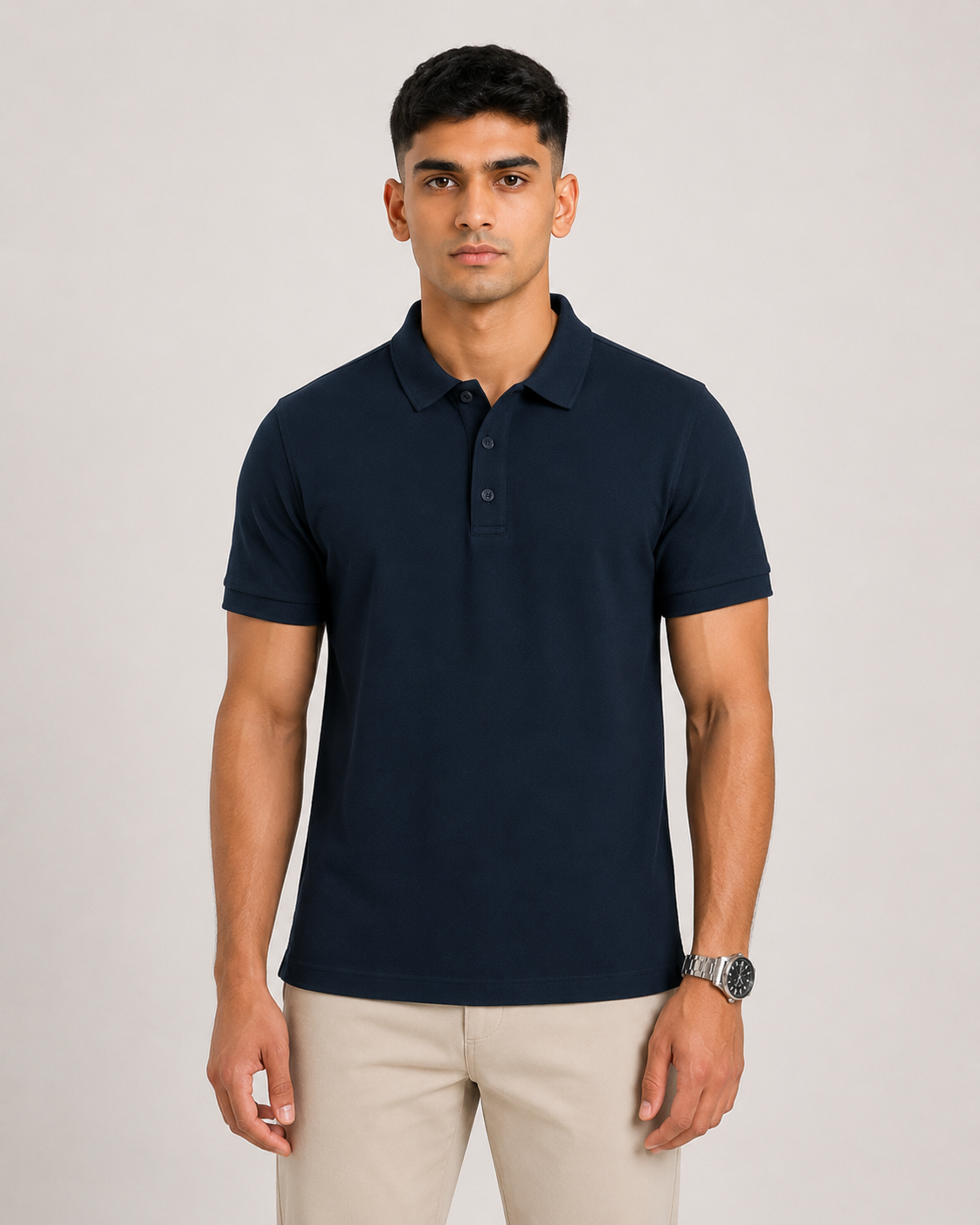 Navy-Blue Drip Earth premium cotton polo - front model studio view with premium fit