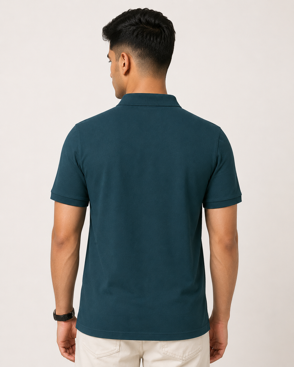 Petrol-Blue Drip Earth premium cotton polo - rear model studio view with clean silhouette