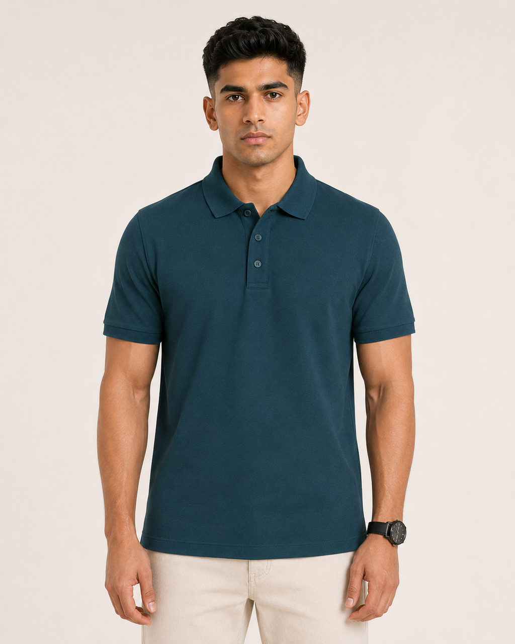 Petrol-Blue Drip Earth premium cotton polo - front model studio view with premium fit