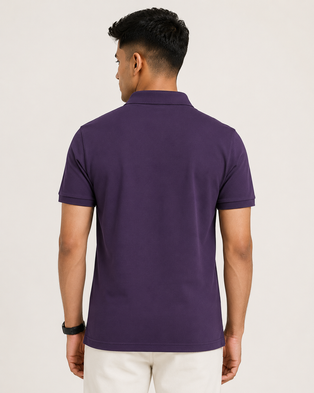Purple Drip Earth premium cotton polo - rear model studio view with clean silhouette