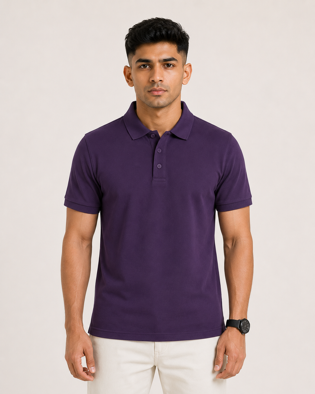 Purple Drip Earth premium cotton polo - front model studio view with premium fit