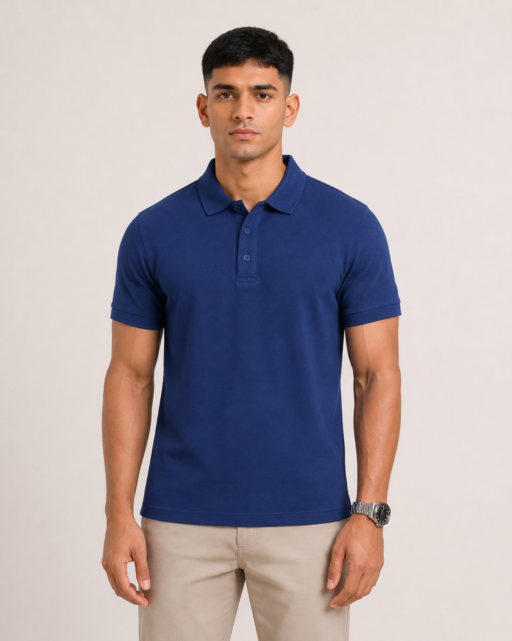 Royal-Blue Drip Earth premium cotton polo - front model studio view with premium fit