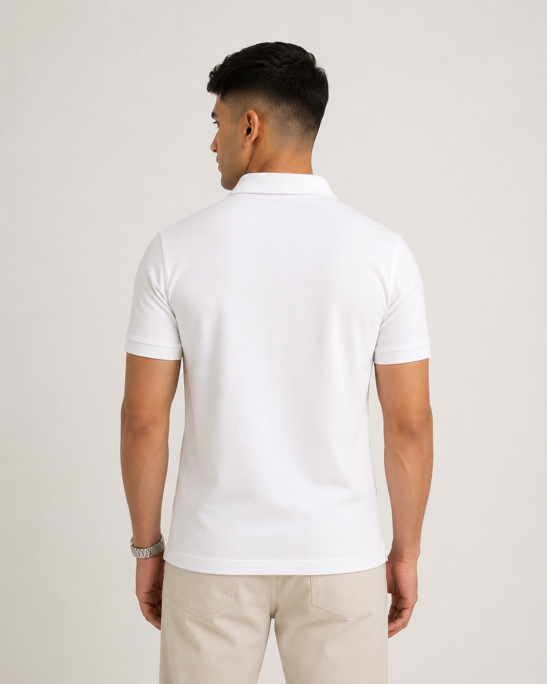 White Drip Earth premium cotton polo - rear model studio view with clean silhouette