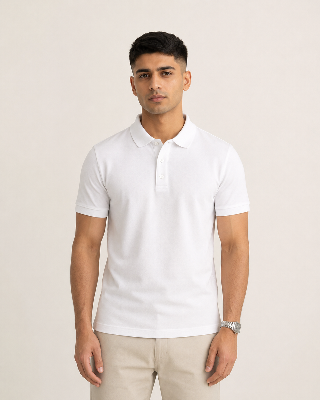 White Drip Earth premium cotton polo - front model studio view with premium fit