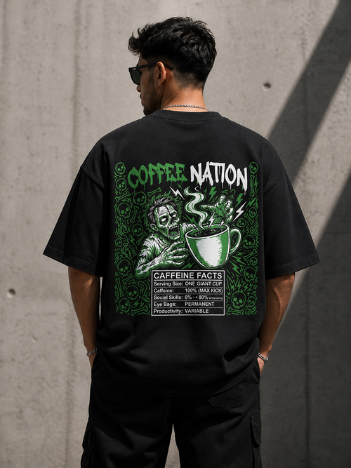 Black Drip Earth oversized heavyweight t-shirt with COFFEE NATION caffeine graphic - rear model view
