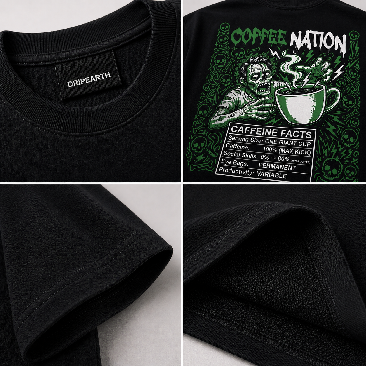 Black Drip Earth oversized heavyweight t-shirt detail collage showing collar, print and fabric close-ups