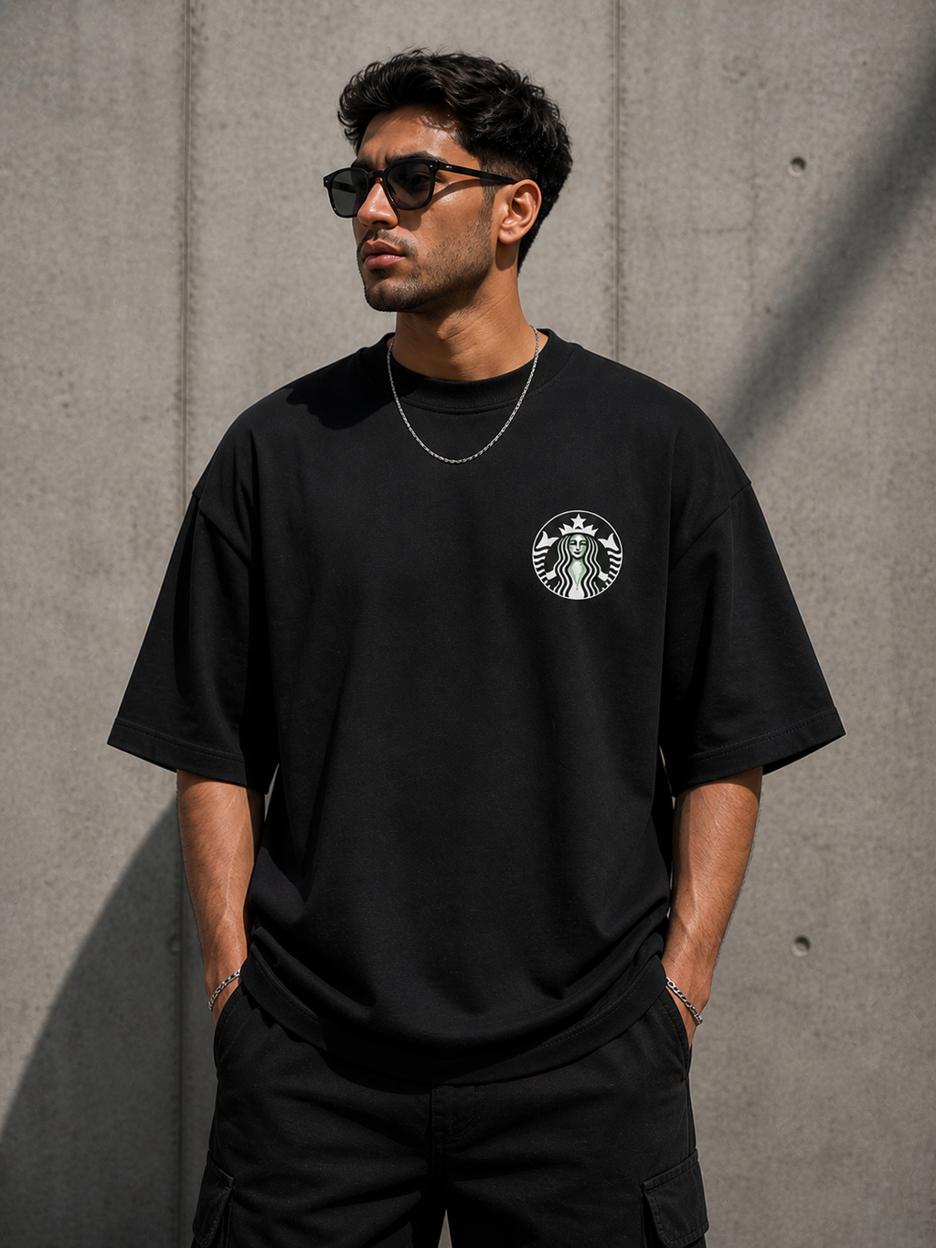 Black Drip Earth oversized heavyweight t-shirt with coffee cup front print - front model view
