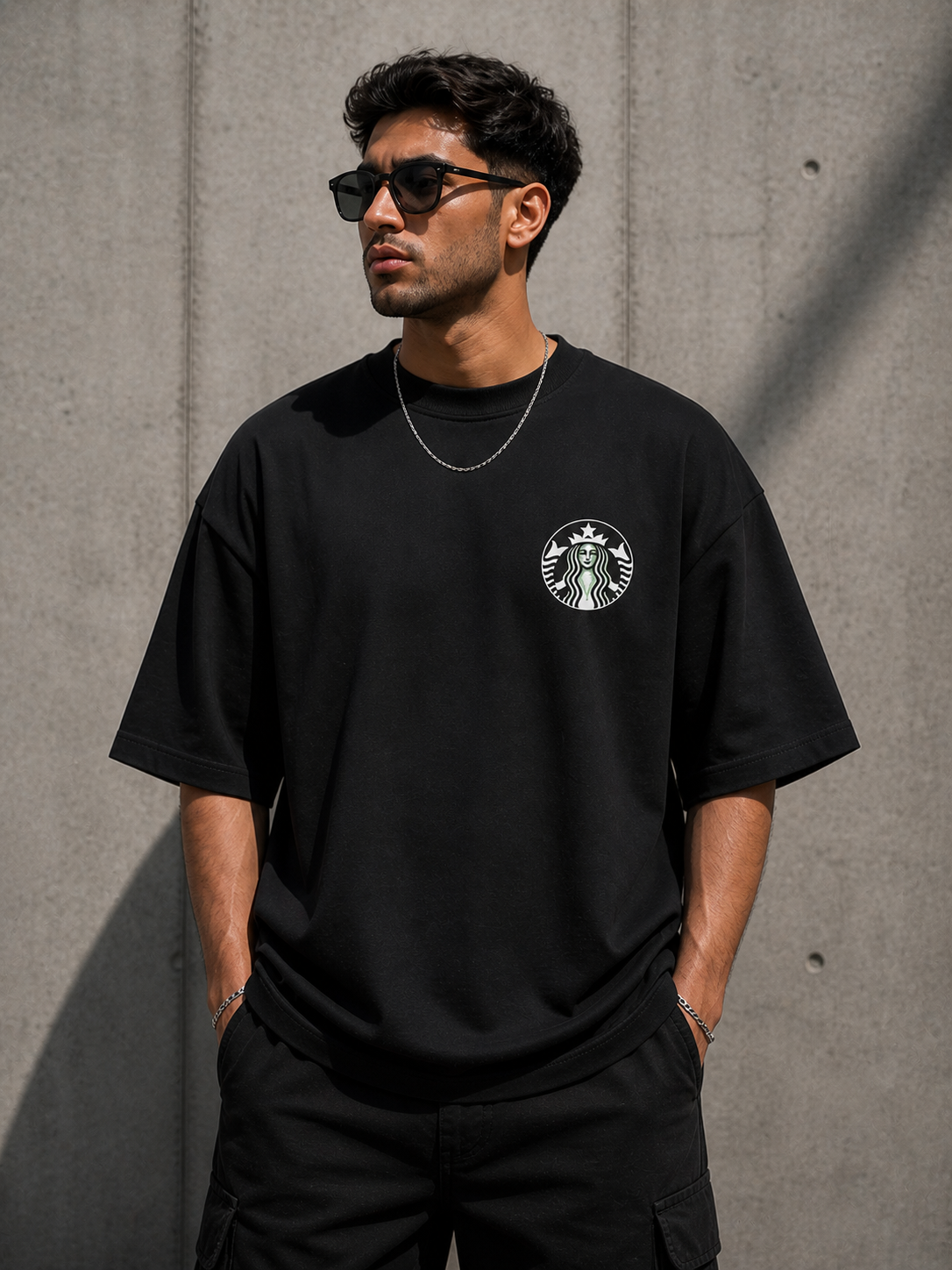 Black Drip Earth oversized heavyweight t-shirt with coffee cup front print - front model view