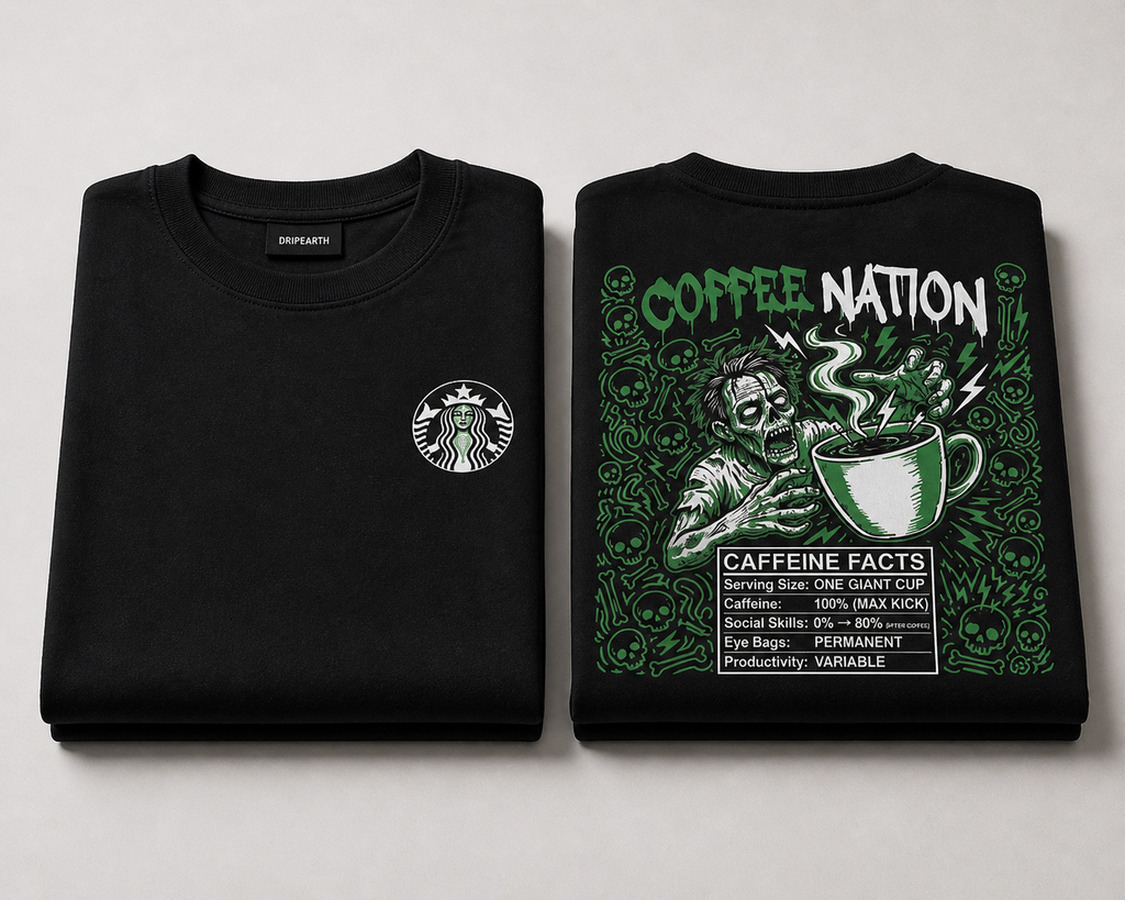 Black Drip Earth oversized heavyweight t-shirt with COFFEE NATION graphic - folded front and back view