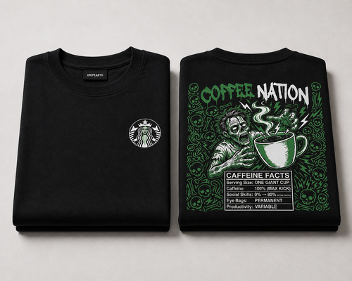 Black Drip Earth oversized heavyweight t-shirt with COFFEE NATION graphic - folded front and back view