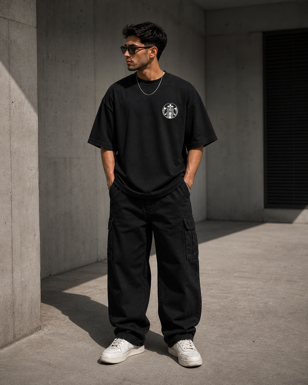 Black Drip Earth oversized heavyweight t-shirt with COFFEE NATION graphic - lifestyle streetwear shot