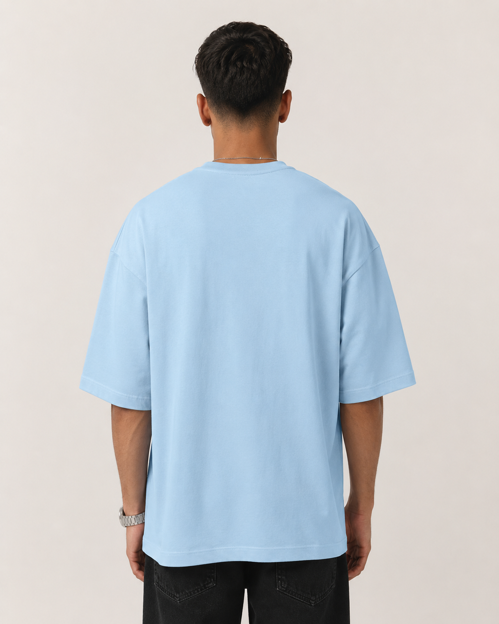 Baby-Blue Drip Earth oversized terry t-shirt - rear model studio view with clean silhouette