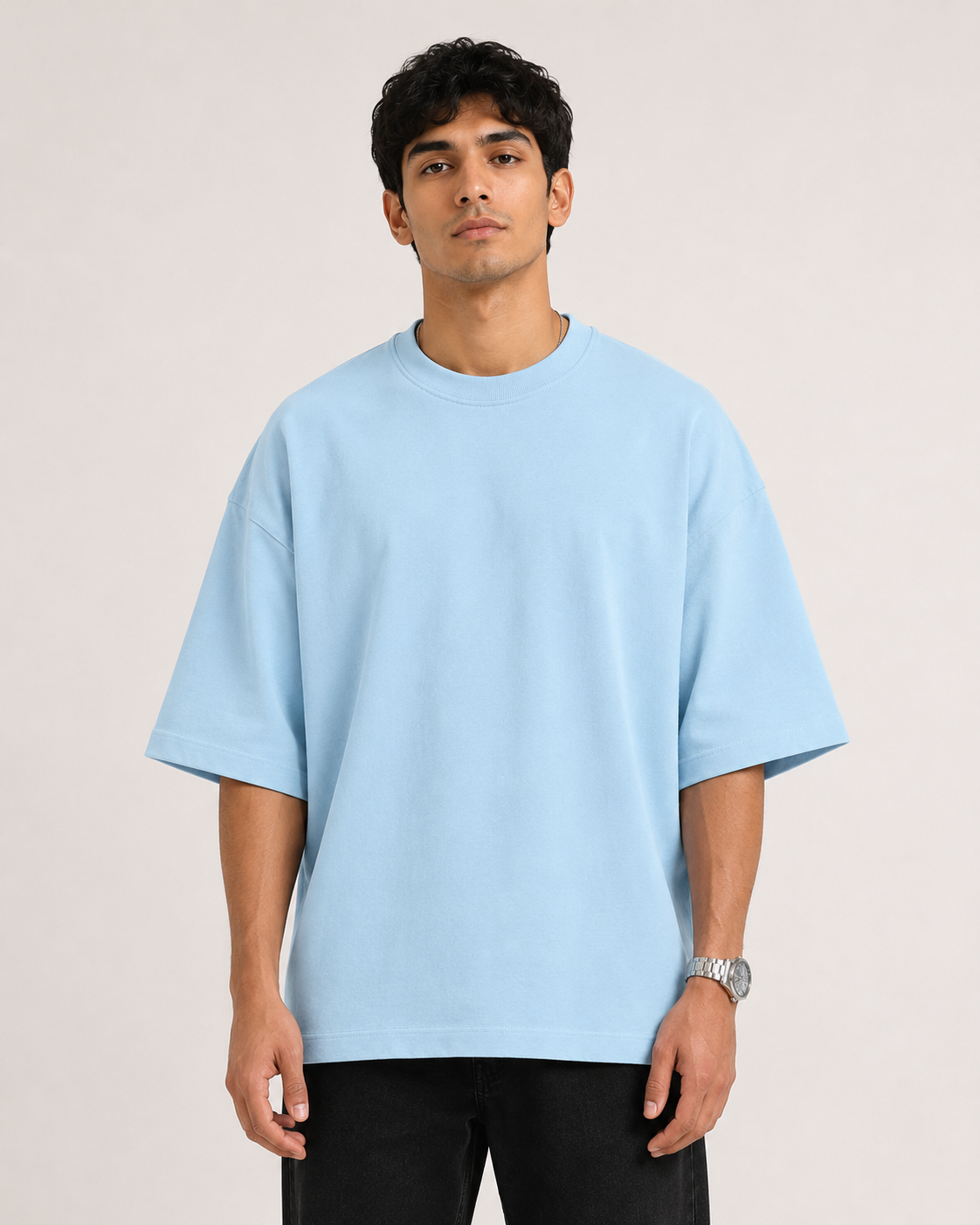 Baby-Blue Drip Earth oversized terry t-shirt - front model studio view with premium fit