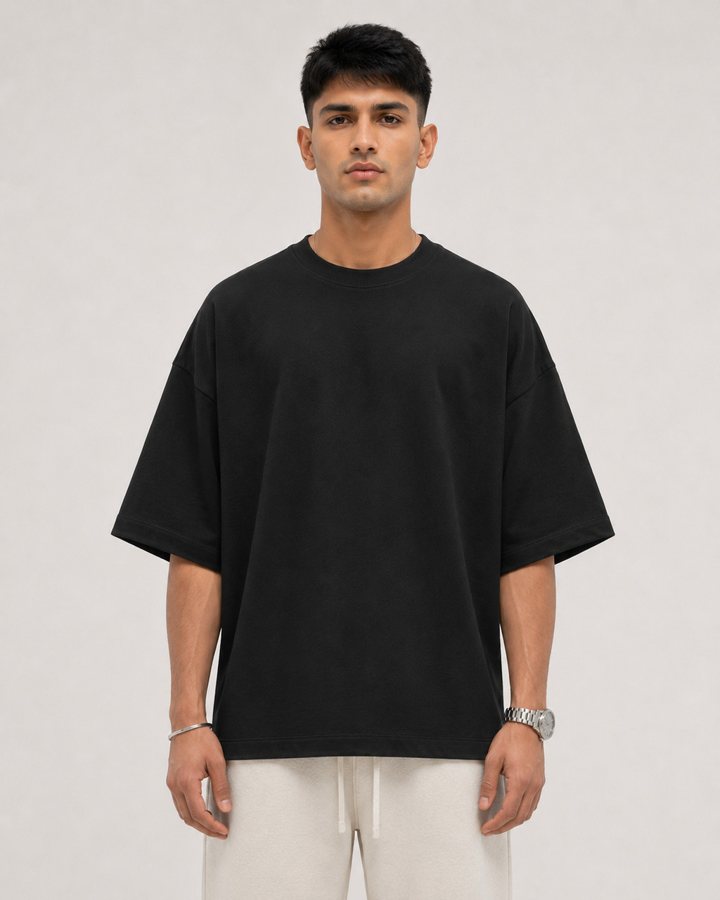 Black Drip Earth oversized terry t-shirt - front model studio view with premium fit