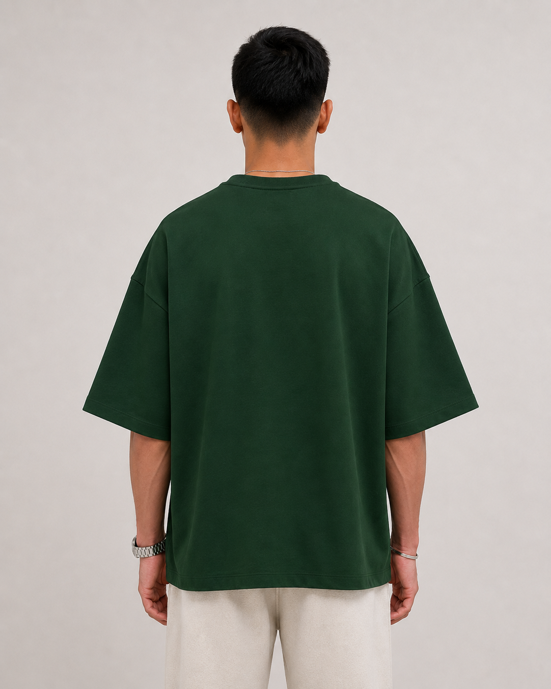 Bottle-Green Drip Earth oversized terry t-shirt - rear model studio view with clean silhouette