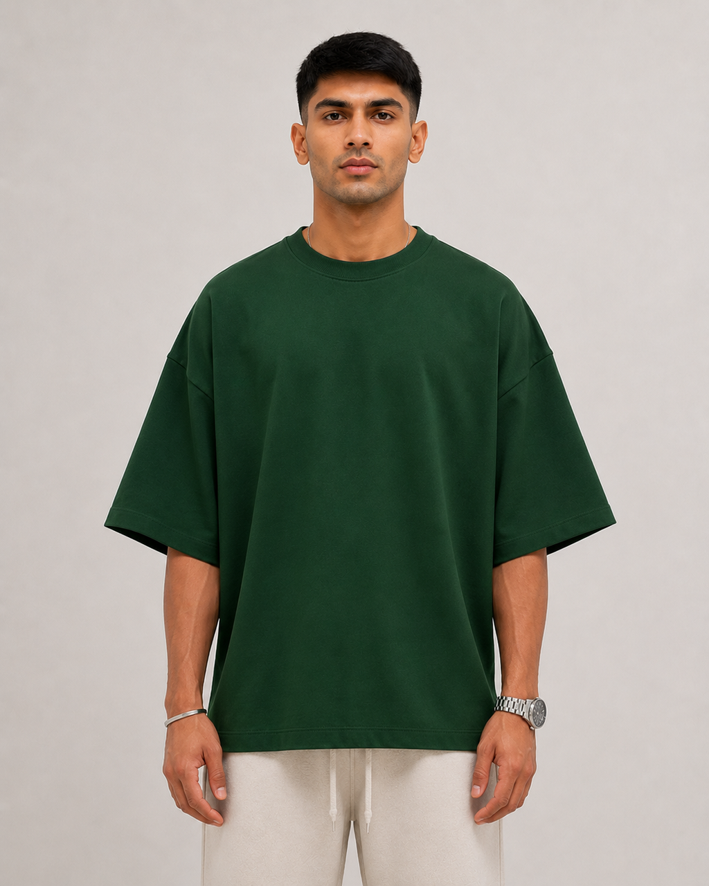 Bottle-Green Drip Earth oversized terry t-shirt - front model studio view with premium fit