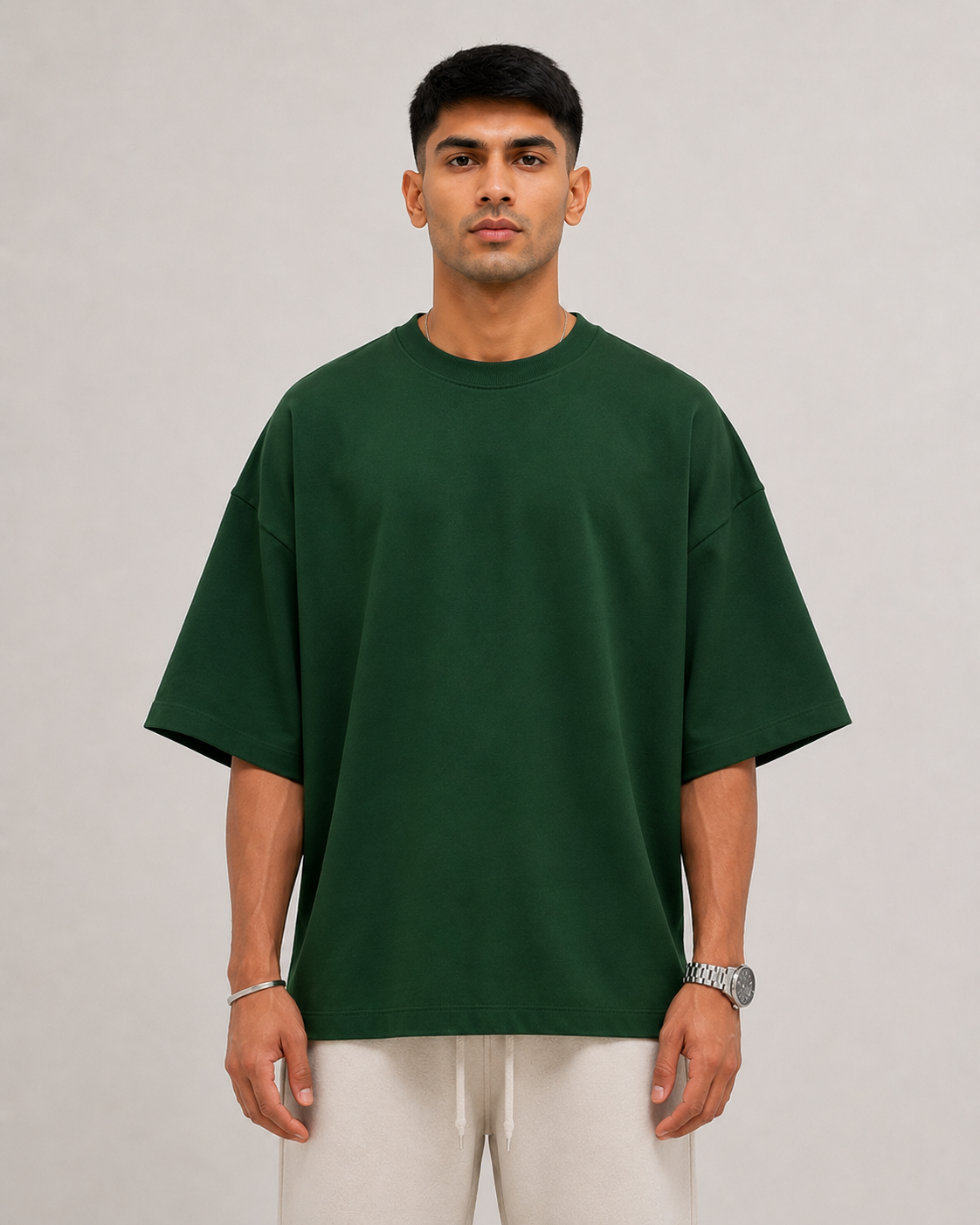 Bottle-Green Drip Earth oversized terry t-shirt - front model studio view with premium fit