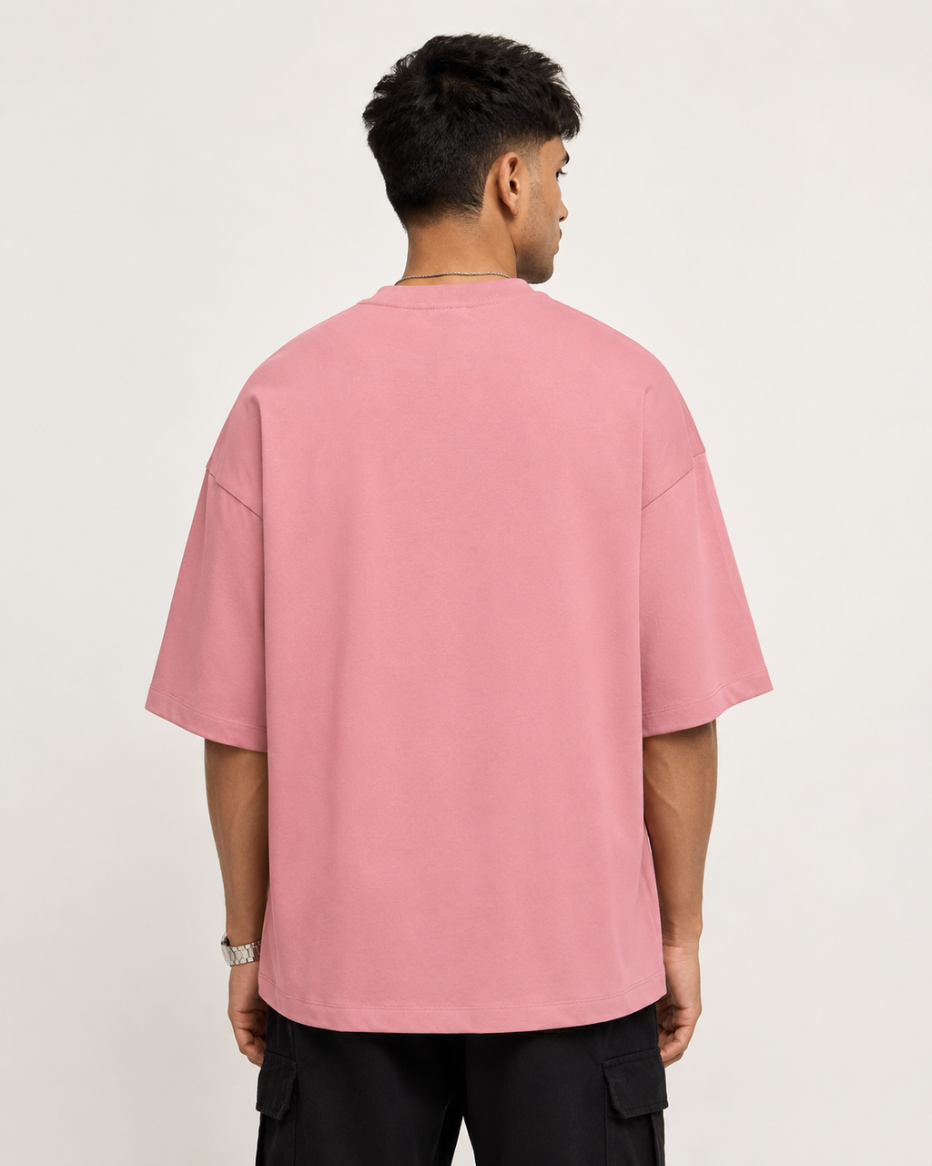 Flamingo Drip Earth oversized terry t-shirt - rear model studio view with clean silhouette