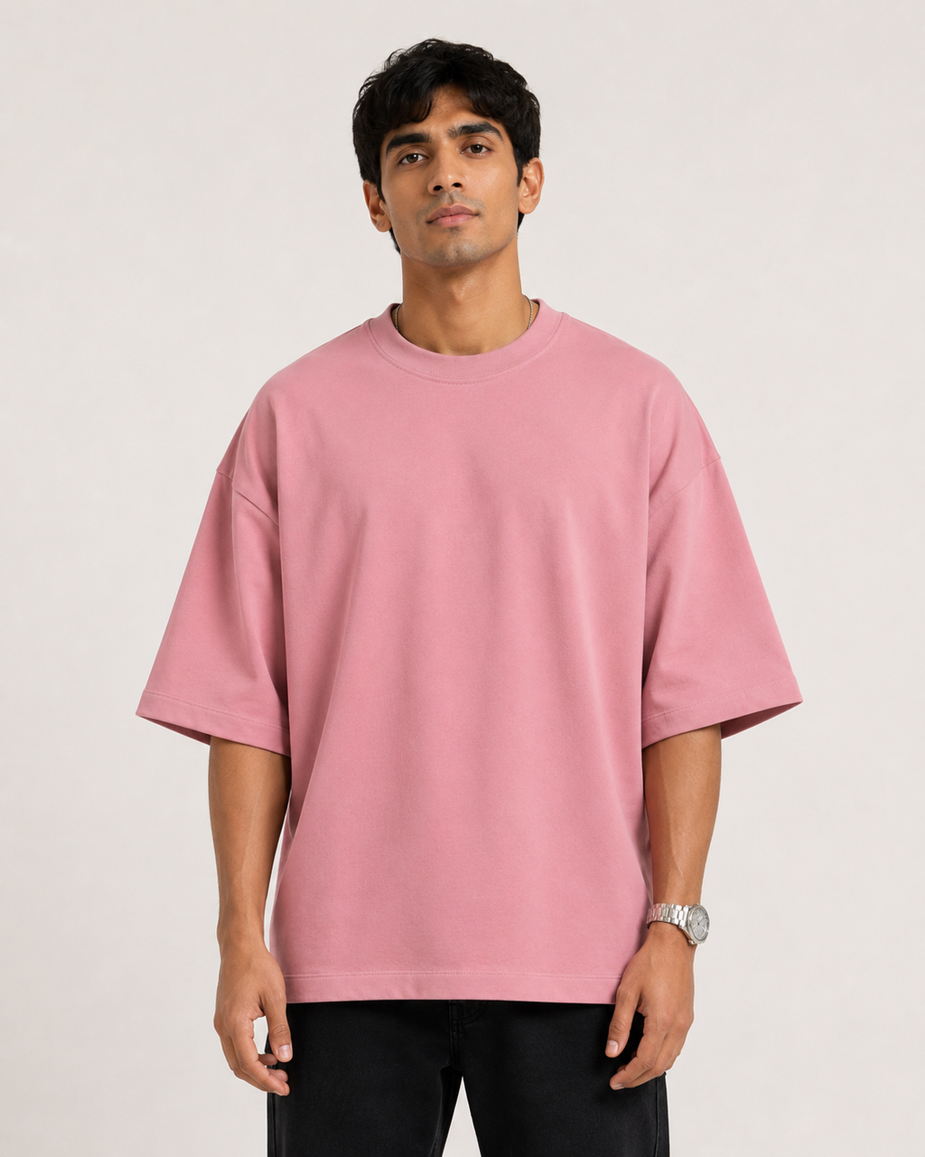 Flamingo Drip Earth oversized terry t-shirt - front model studio view with premium fit