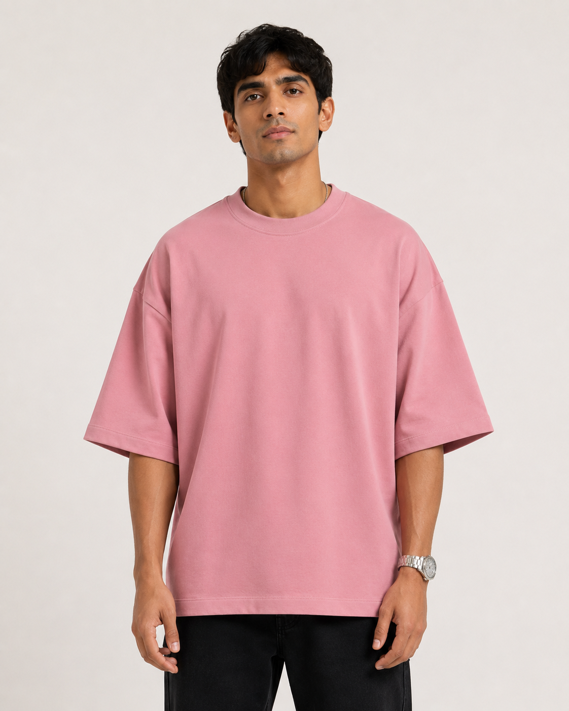 Flamingo Drip Earth oversized terry t-shirt - front model studio view with premium fit