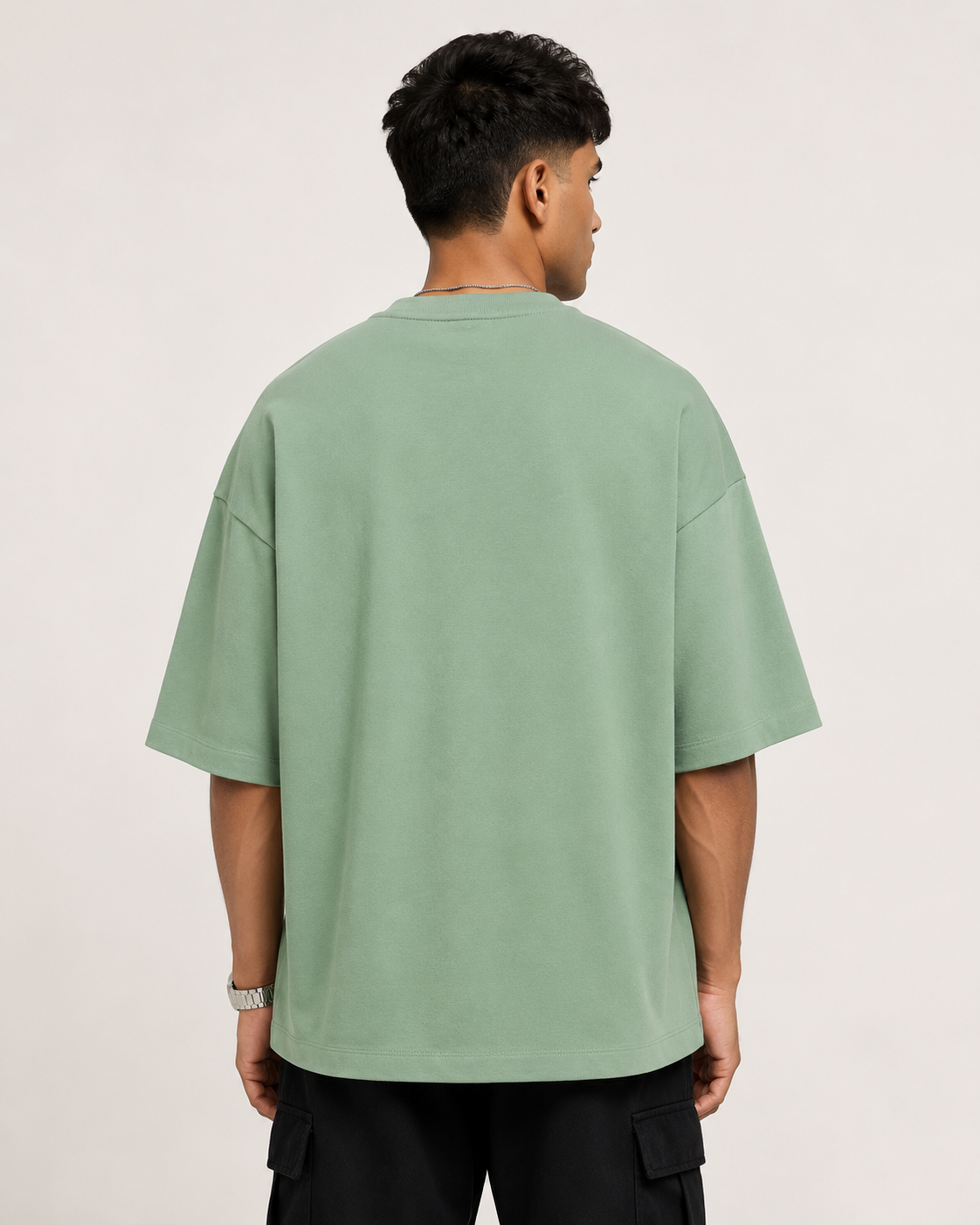 Jade Drip Earth oversized terry t-shirt - rear model studio view with clean silhouette