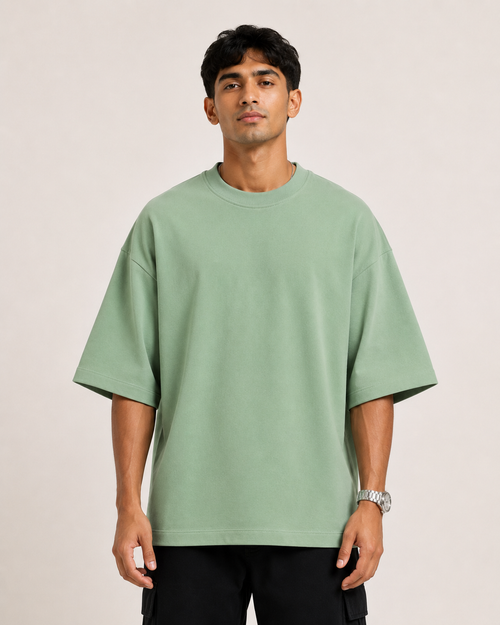 Jade Drip Earth oversized terry t-shirt - front model studio view with premium fit