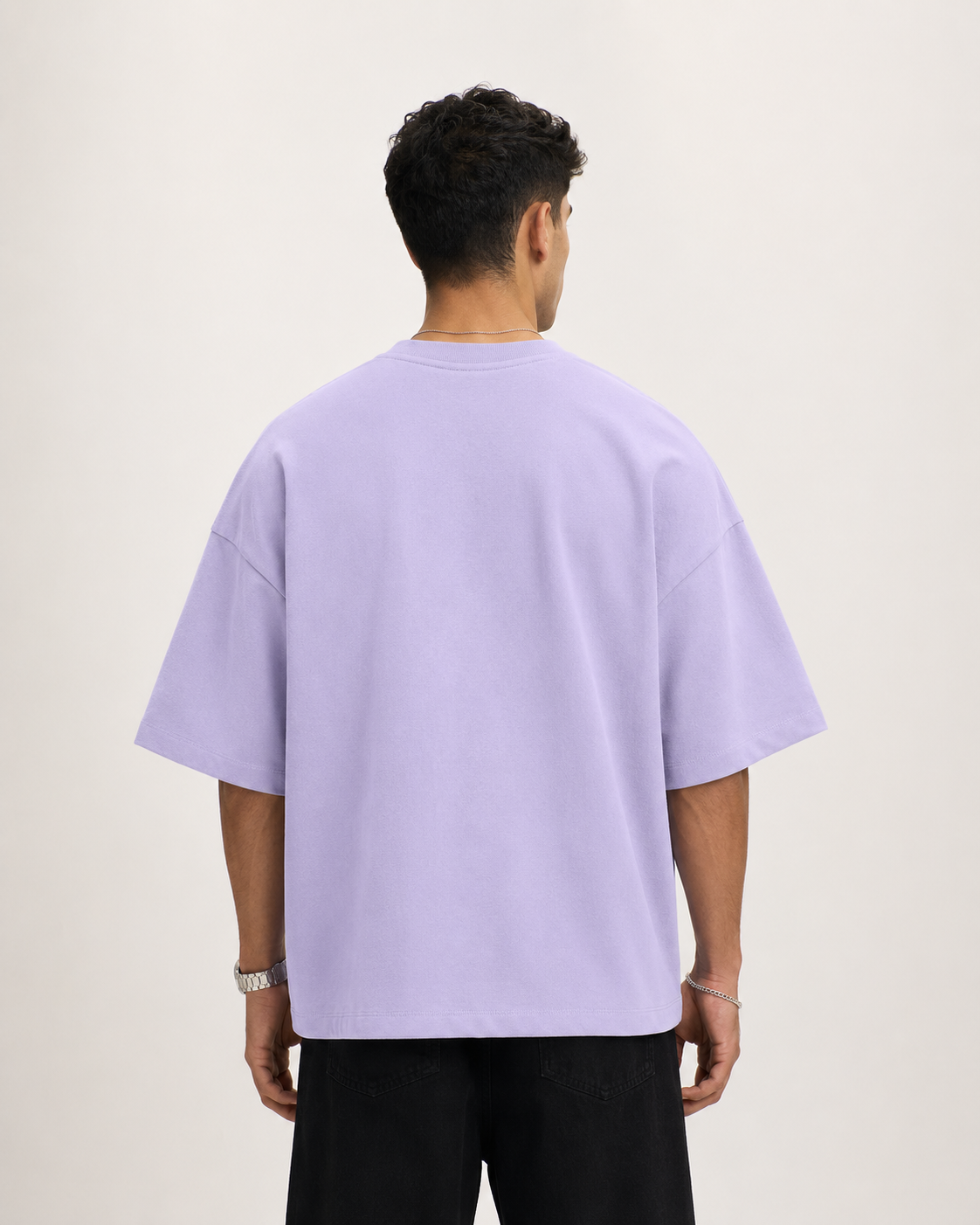 Lavender Drip Earth oversized terry t-shirt - rear model studio view with clean silhouette