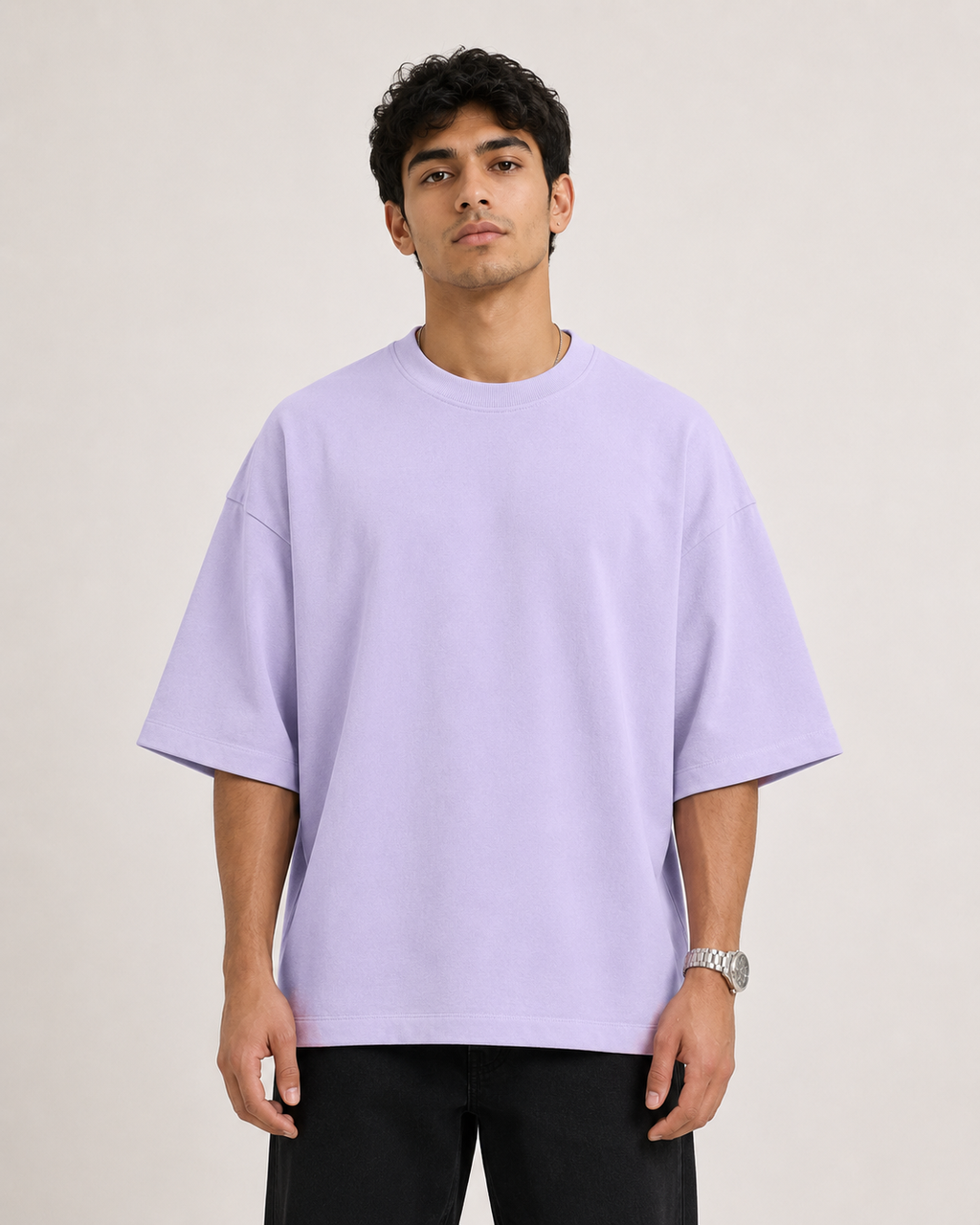 Lavender Drip Earth oversized terry t-shirt - front model studio view with premium fit