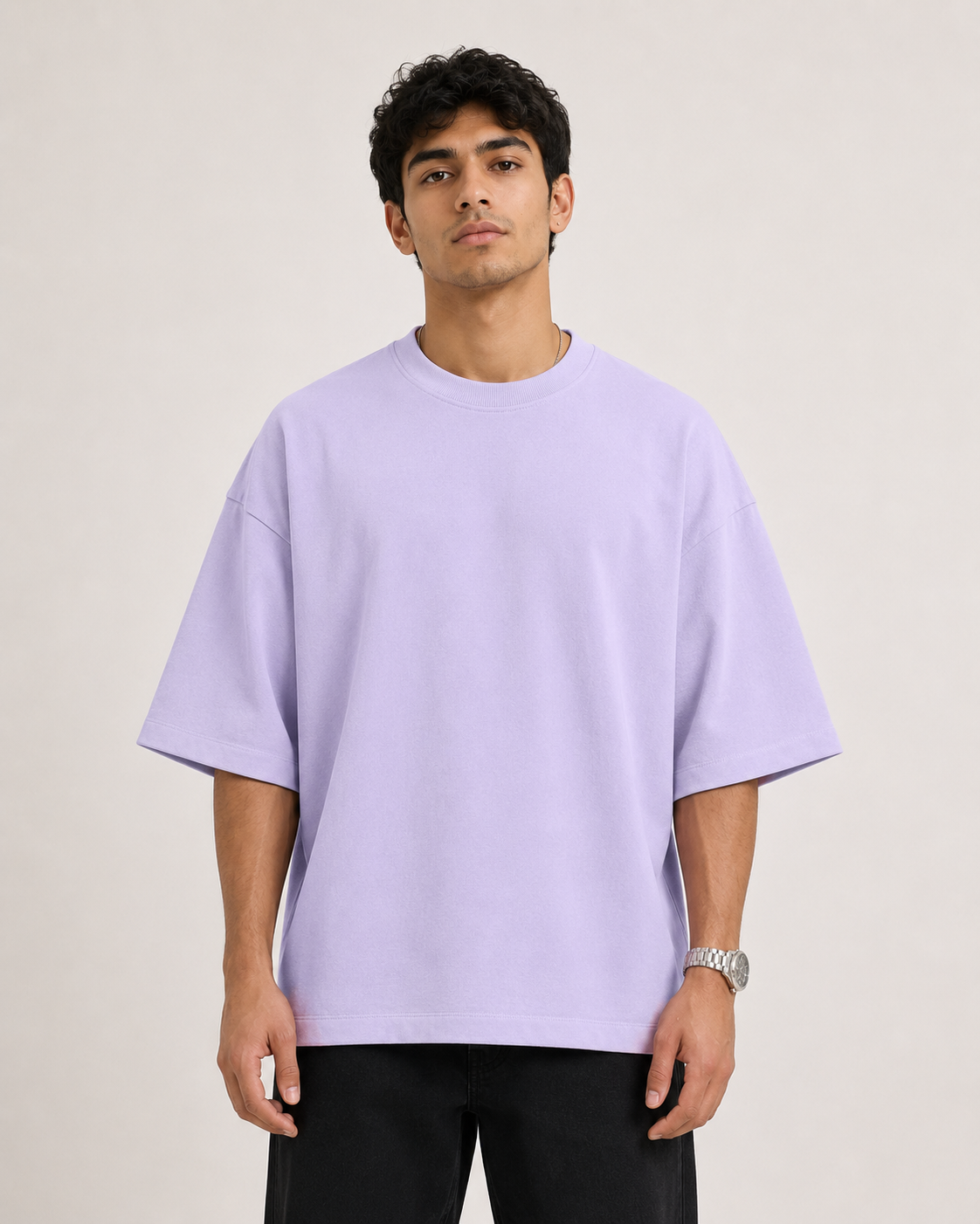 Lavender Drip Earth oversized terry t-shirt - front model studio view with premium fit