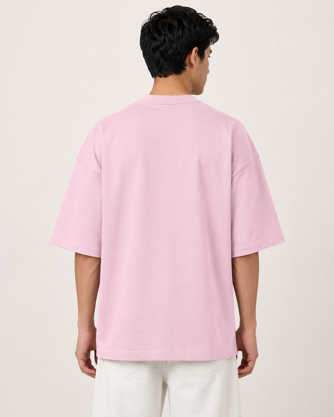 Light-Baby-Pink Drip Earth oversized terry t-shirt - rear model studio view with clean silhouette