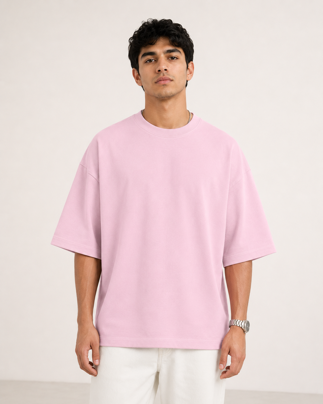 Light-Baby-Pink Drip Earth oversized terry t-shirt - front model studio view with premium fit