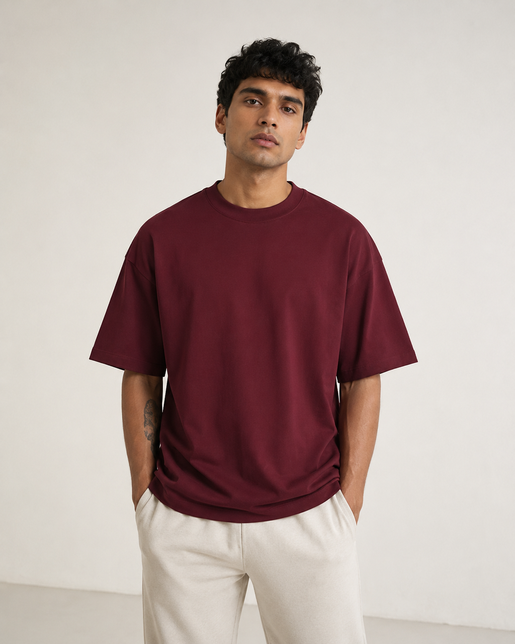 Maroon Drip Earth oversized terry t-shirt - rear model studio view with clean silhouette