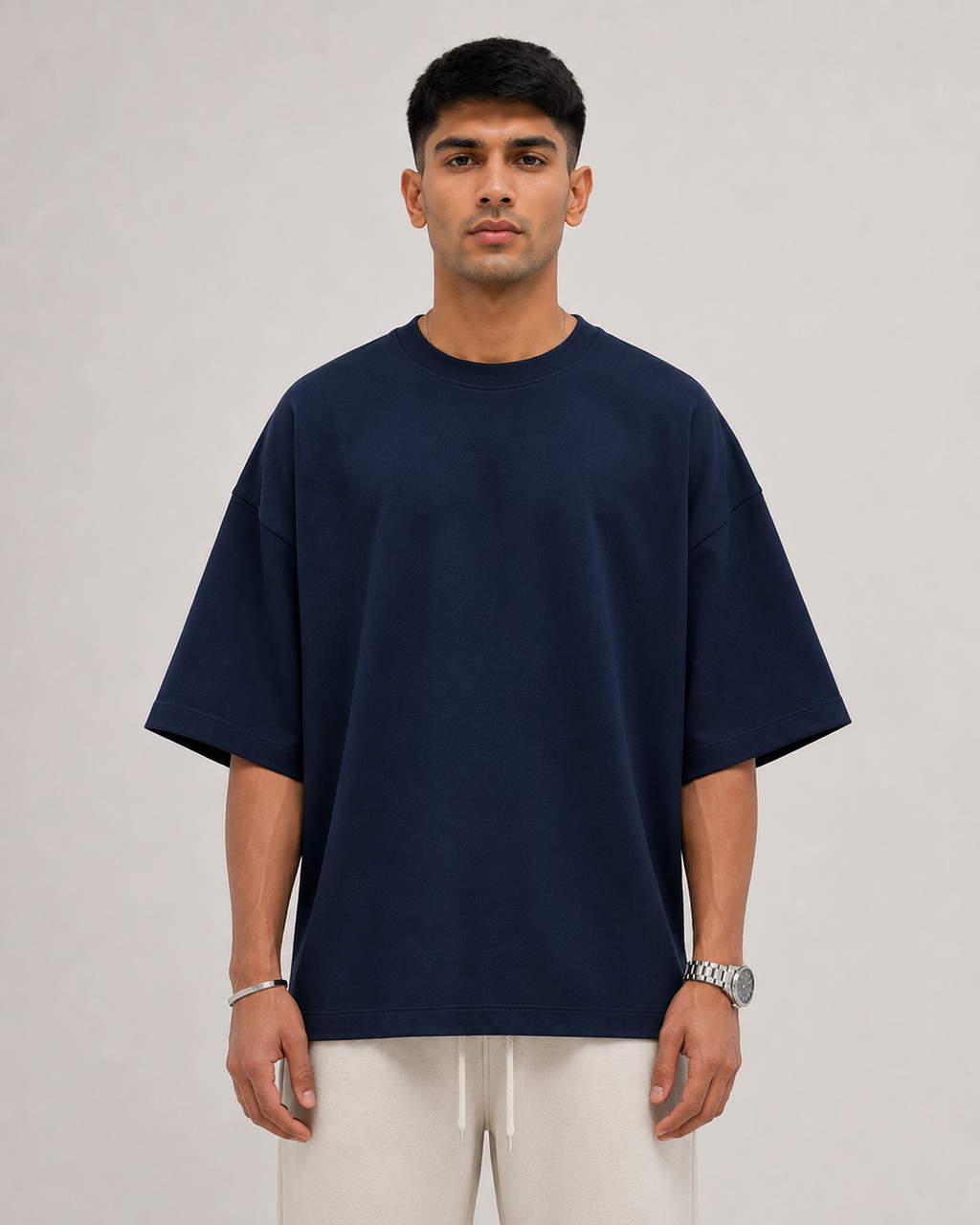 Navy-Blue Drip Earth oversized terry t-shirt - front model studio view with premium fit