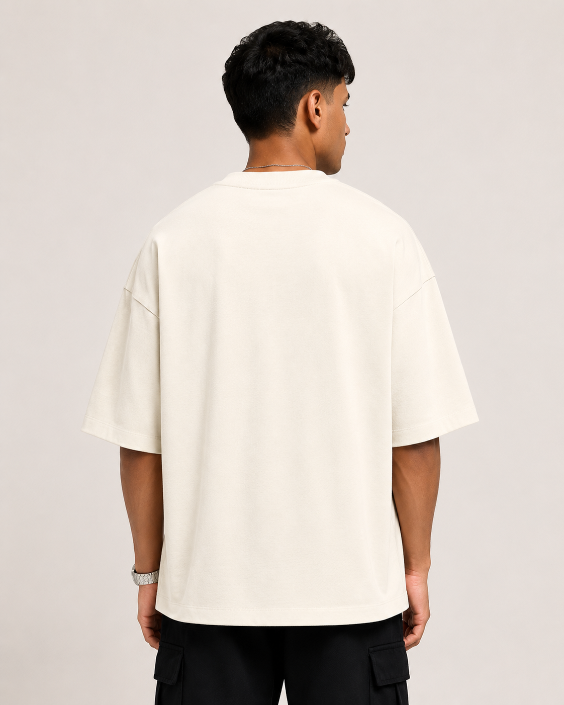 Off-White Drip Earth oversized terry t-shirt - rear model studio view with clean silhouette