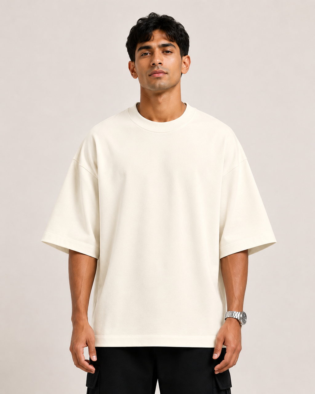 Off-White Drip Earth oversized terry t-shirt - front model studio view with premium fit