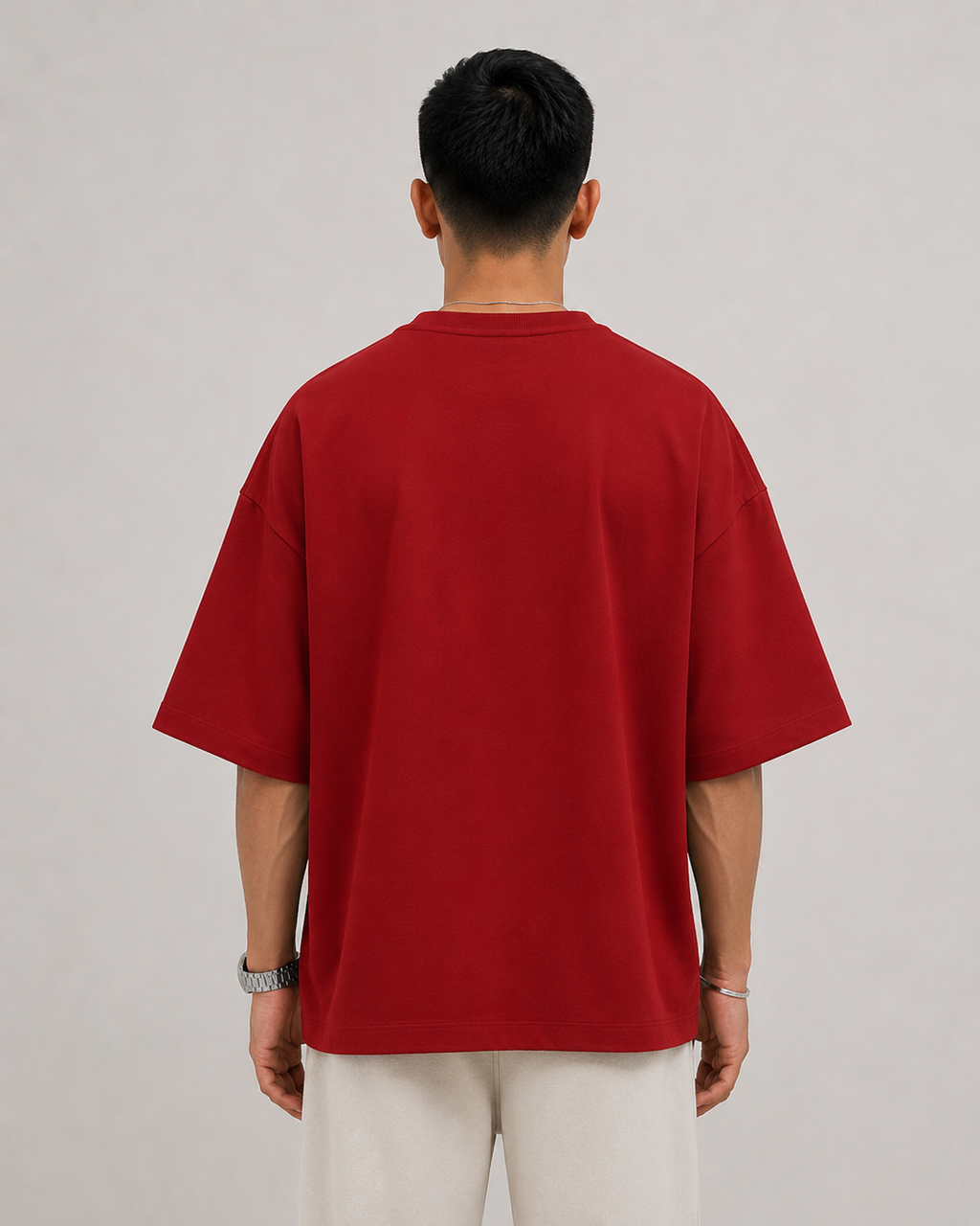 Red Drip Earth oversized terry t-shirt - rear model studio view with clean silhouette