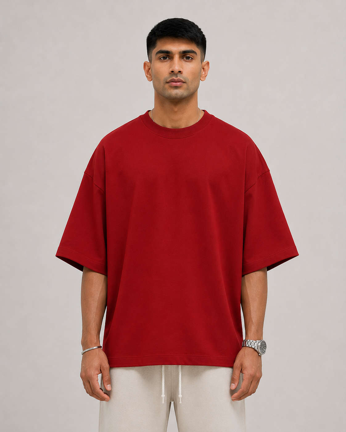 Red Drip Earth oversized terry t-shirt - front model studio view with premium fit