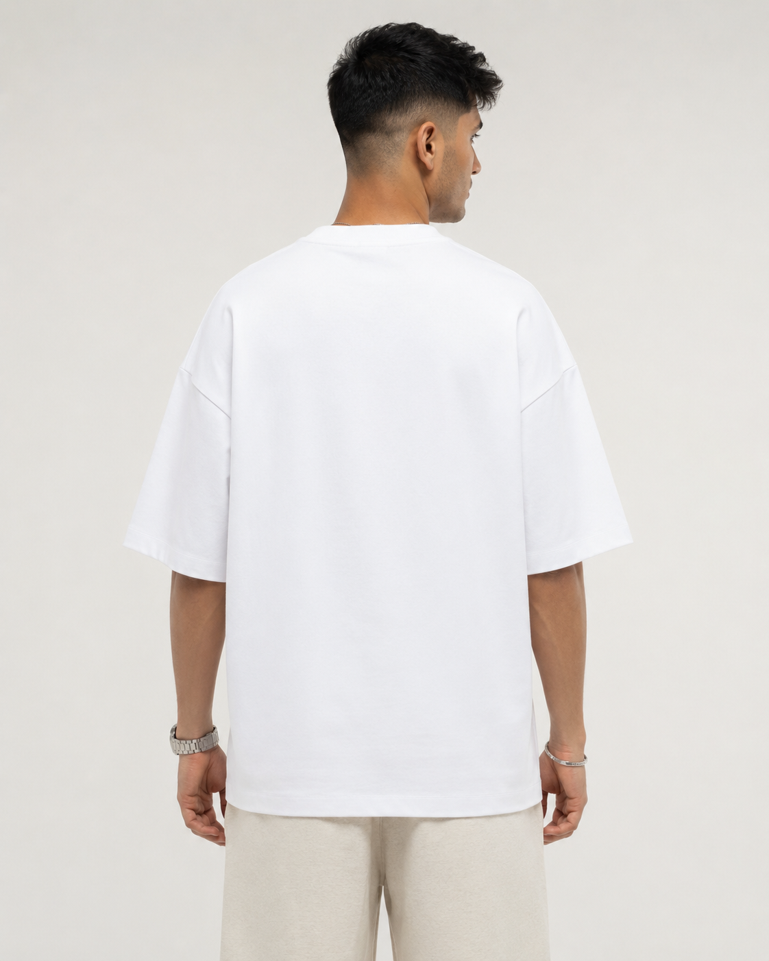 White Drip Earth oversized terry t-shirt - rear model studio view with clean silhouette