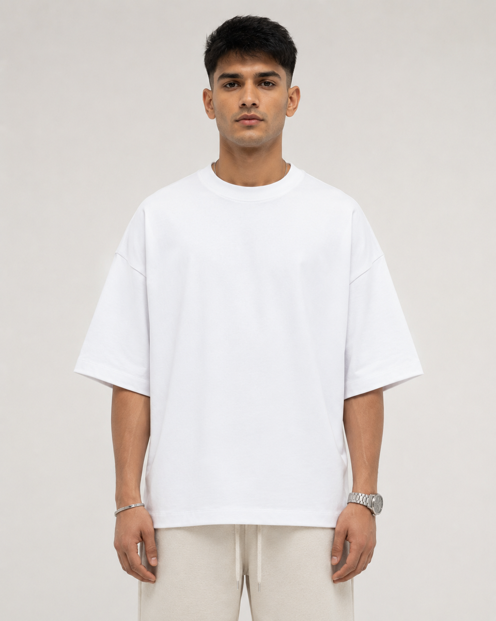 White Drip Earth oversized terry t-shirt - front model studio view with premium fit