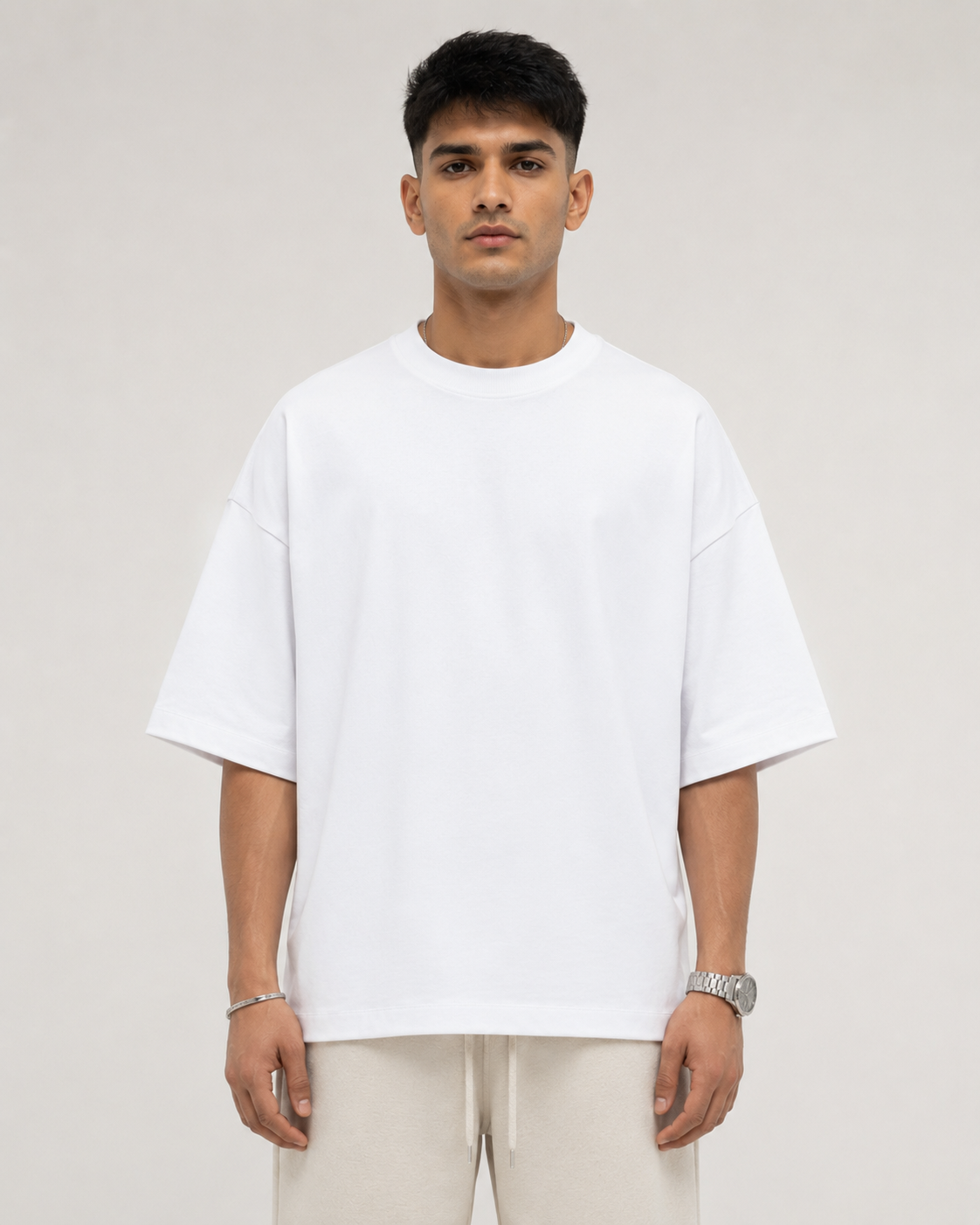 White Drip Earth oversized terry t-shirt - front model studio view with premium fit