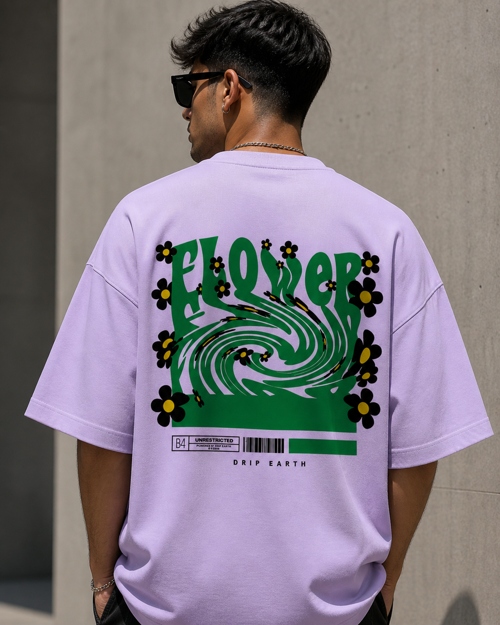 Lavender Drip Earth oversized heavyweight t-shirt with FLOW STATE back graphic - rear model view