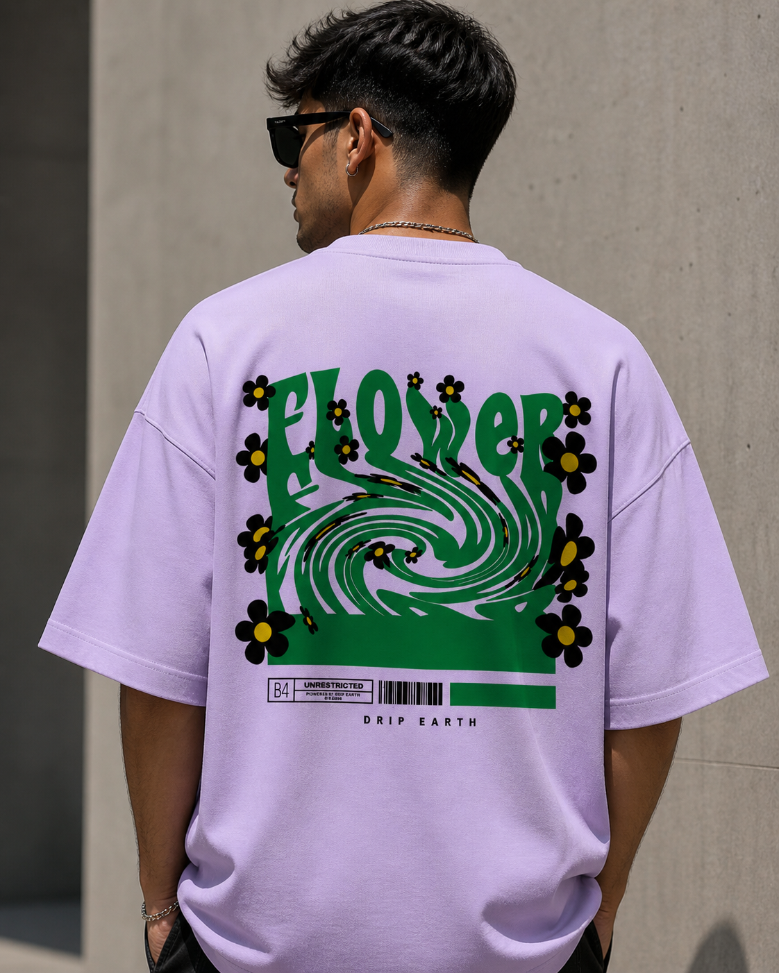 Lavender Drip Earth oversized heavyweight t-shirt with FLOW STATE back graphic - rear model view