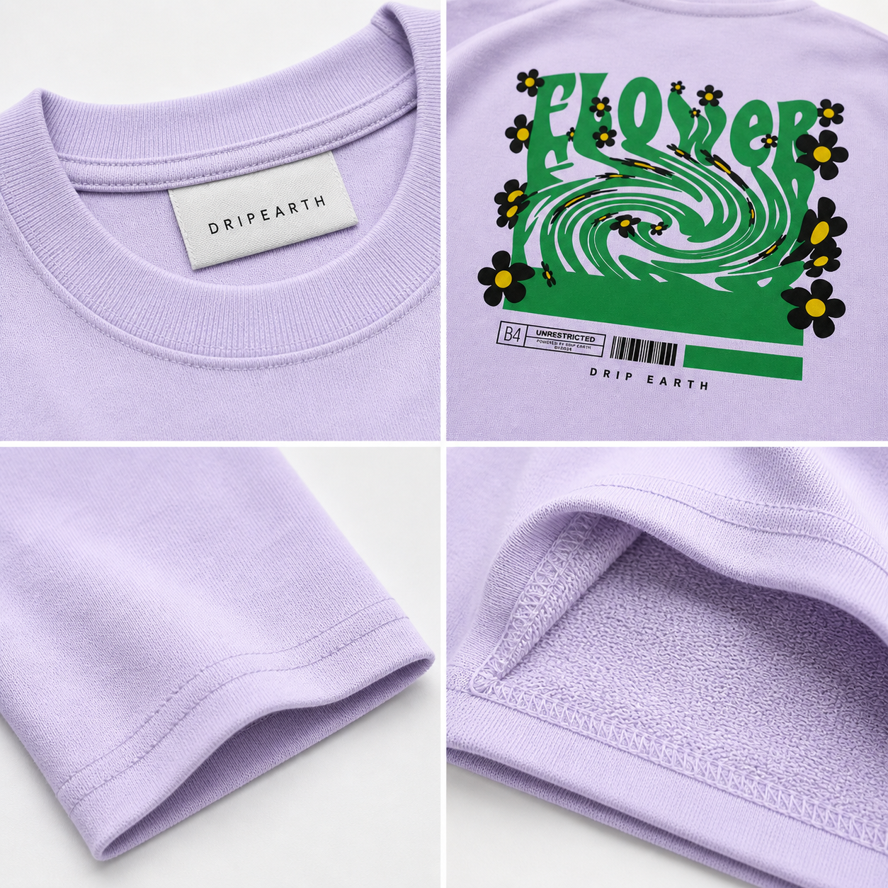 Lavender Drip Earth oversized heavyweight t-shirt detail collage showing collar, print and fabric close-ups
