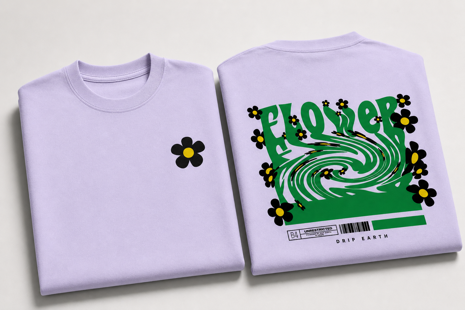 Lavender Drip Earth oversized heavyweight t-shirt with FLOW STATE graphic - folded front and back view