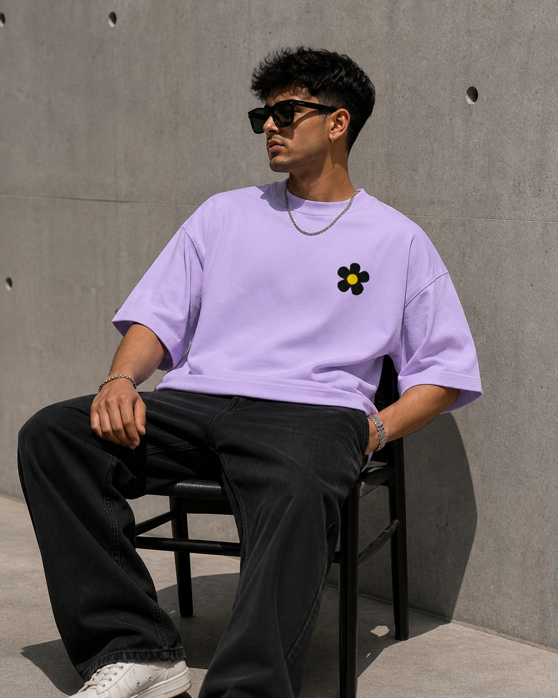 Lavender Drip Earth oversized heavyweight t-shirt with FLOW STATE graphic - lifestyle streetwear shot
