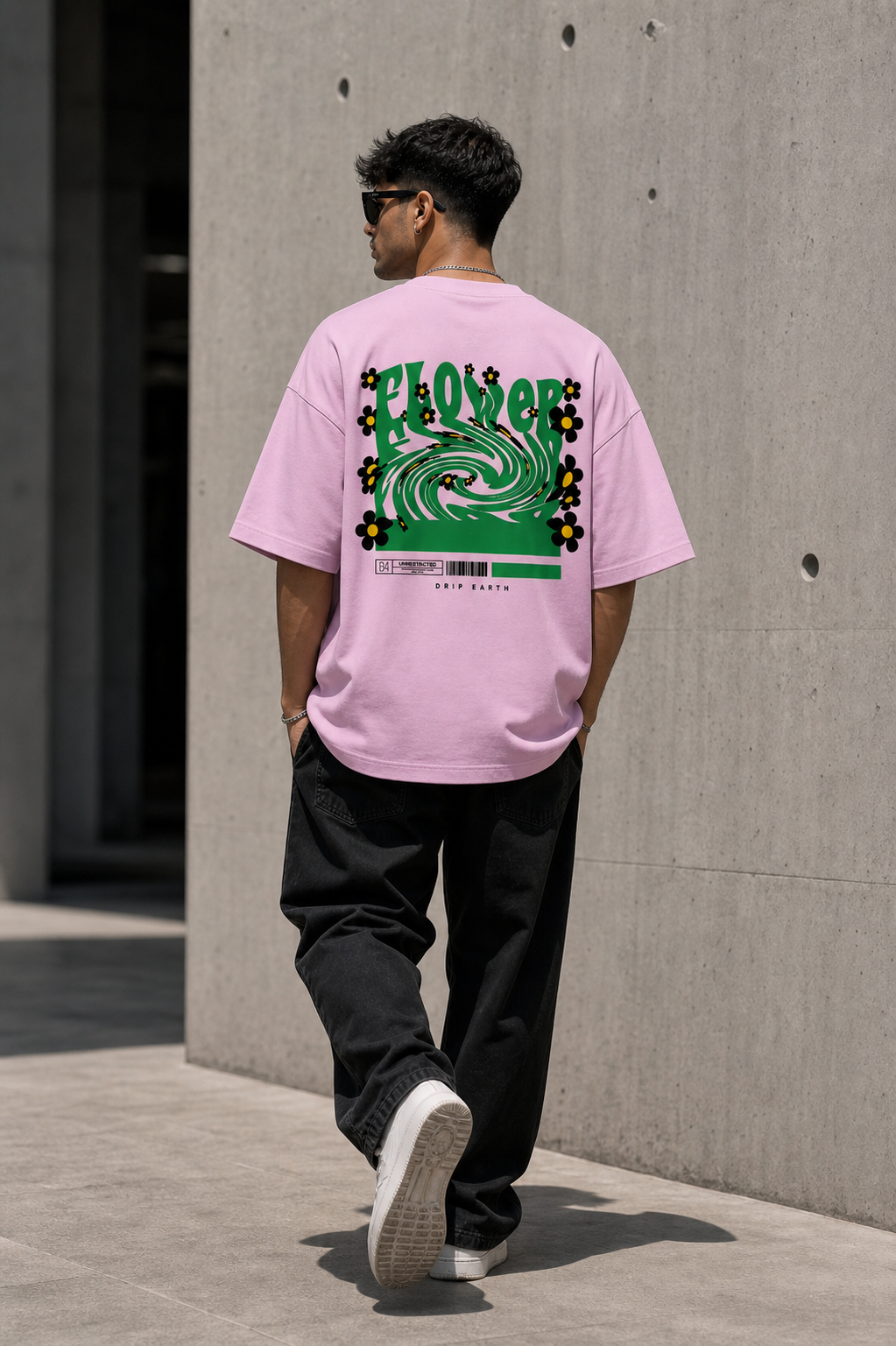 Light-Baby-Pink Drip Earth oversized heavyweight t-shirt with FLOW STATE back graphic - rear model view