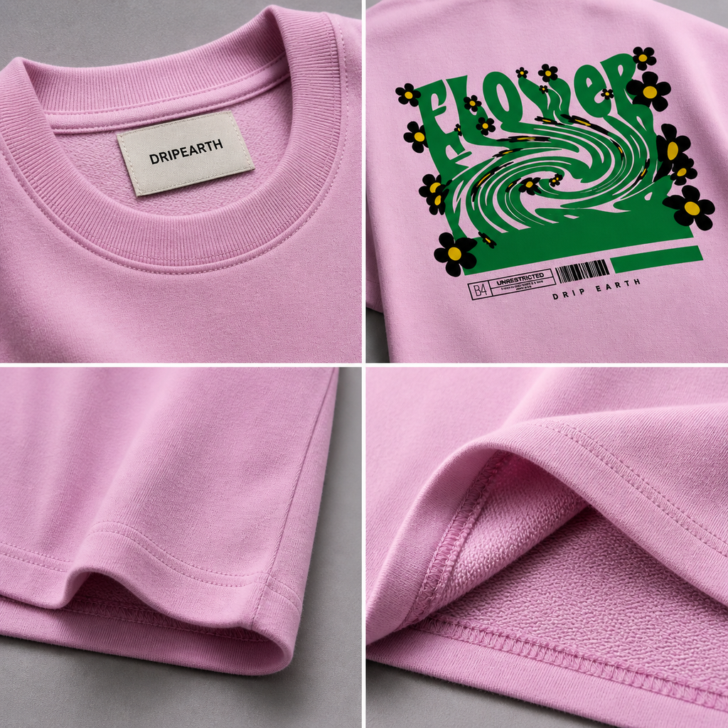 Light-Baby-Pink Drip Earth oversized heavyweight t-shirt detail collage showing collar, print and fabric close-ups